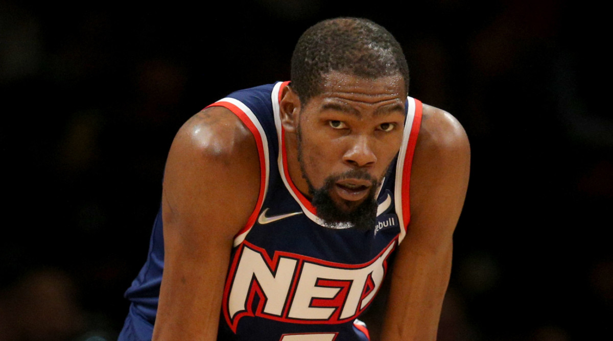 Brooklyn Nets forward Kevin Durant (7) reacts to a play.